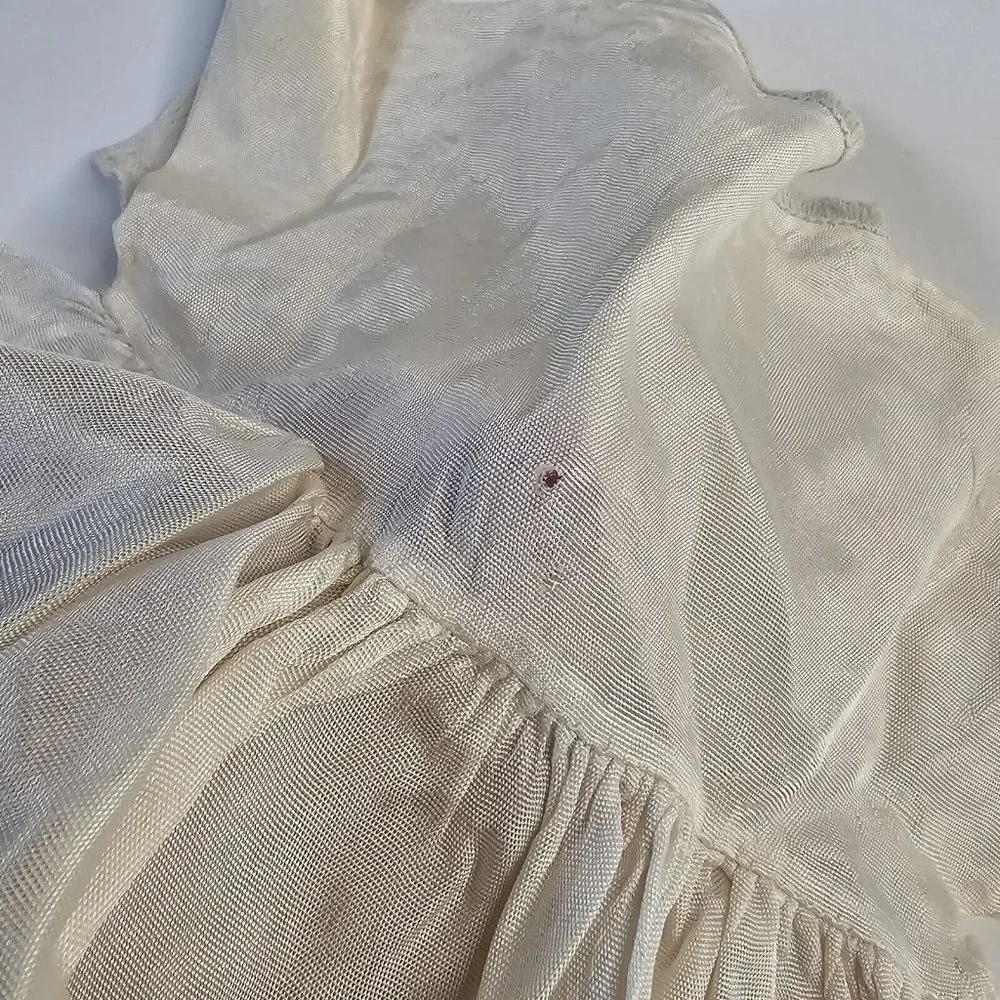 Vintage Baby Doll Dress Short Sleeve Bishop Smocked Beige Snap Fitted Bodice